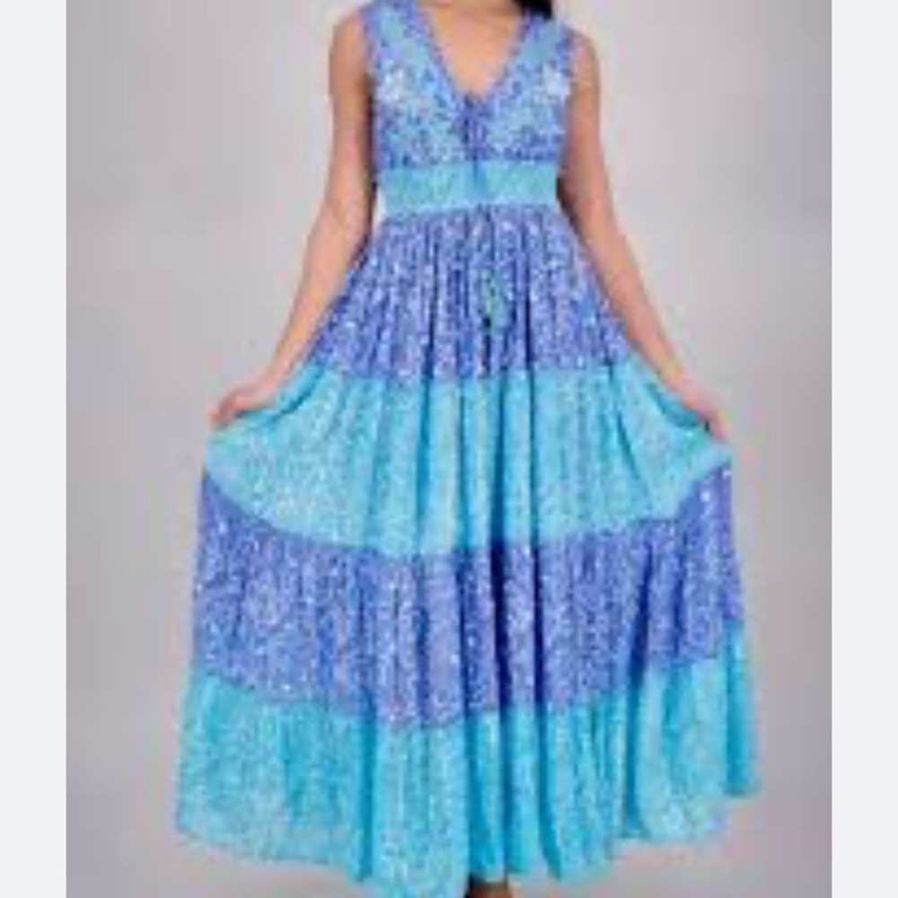 Ananta NWT Size‎ SM/MED Blue & Aqua w floral embroidery, Gold details maxi dress
